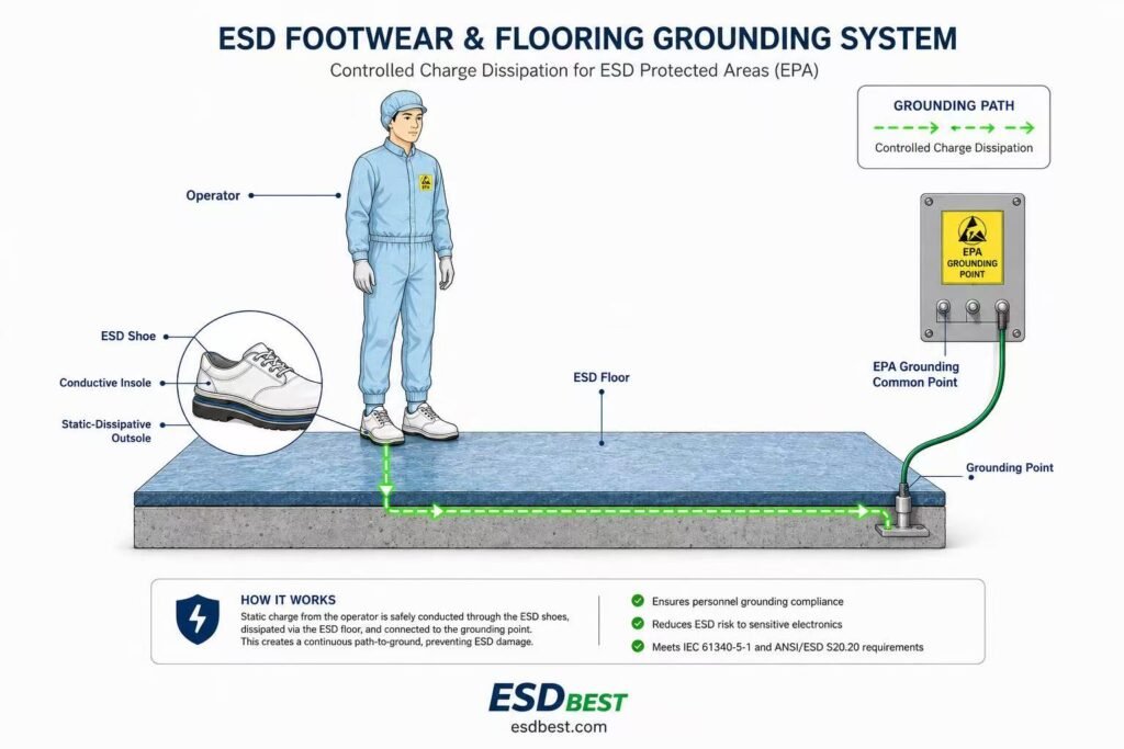 Diagram showing the personnel grounding path through ESD shoes and ESD flooring