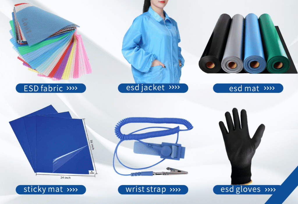 ESD protection products including gloves mats wrist straps ionizer and shielding bags for electronics manufacturing