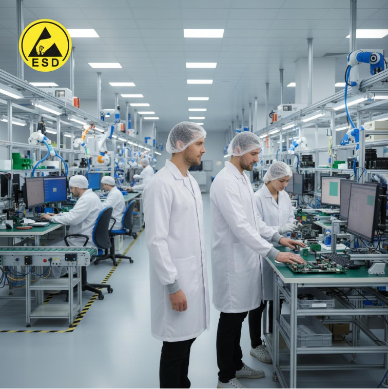 ESD shoes worn by operators in an electronics manufacturing facility