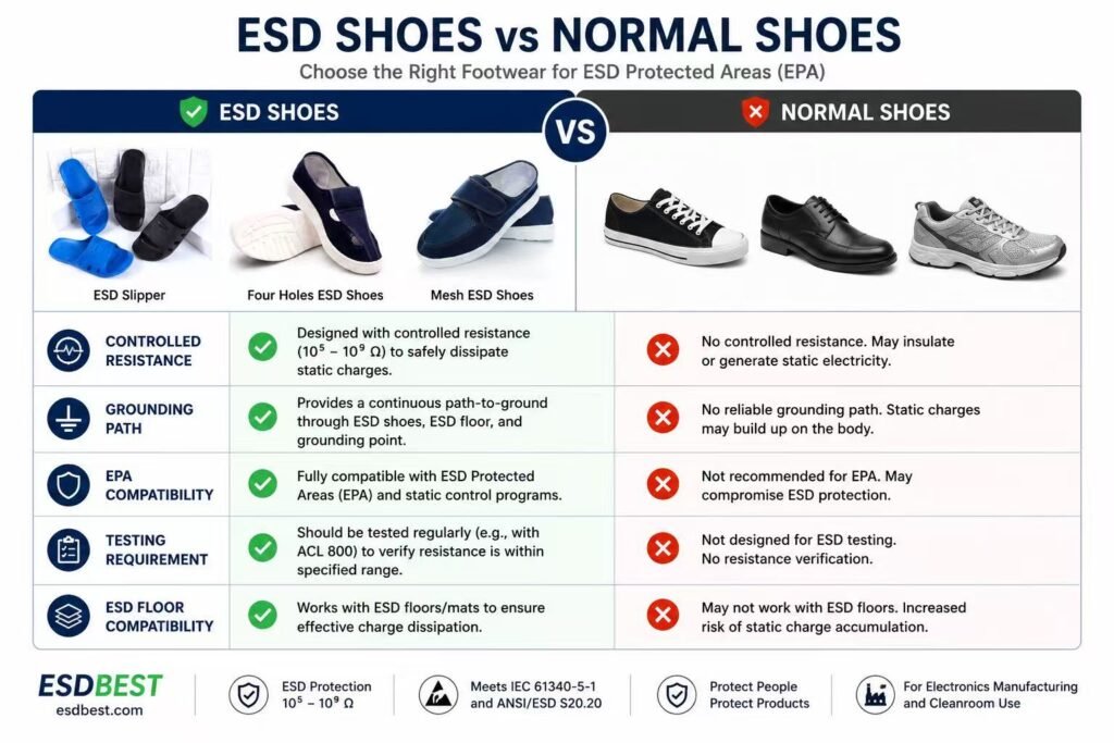 Comparison between ESD shoes and ordinary shoes for electronics manufacturing