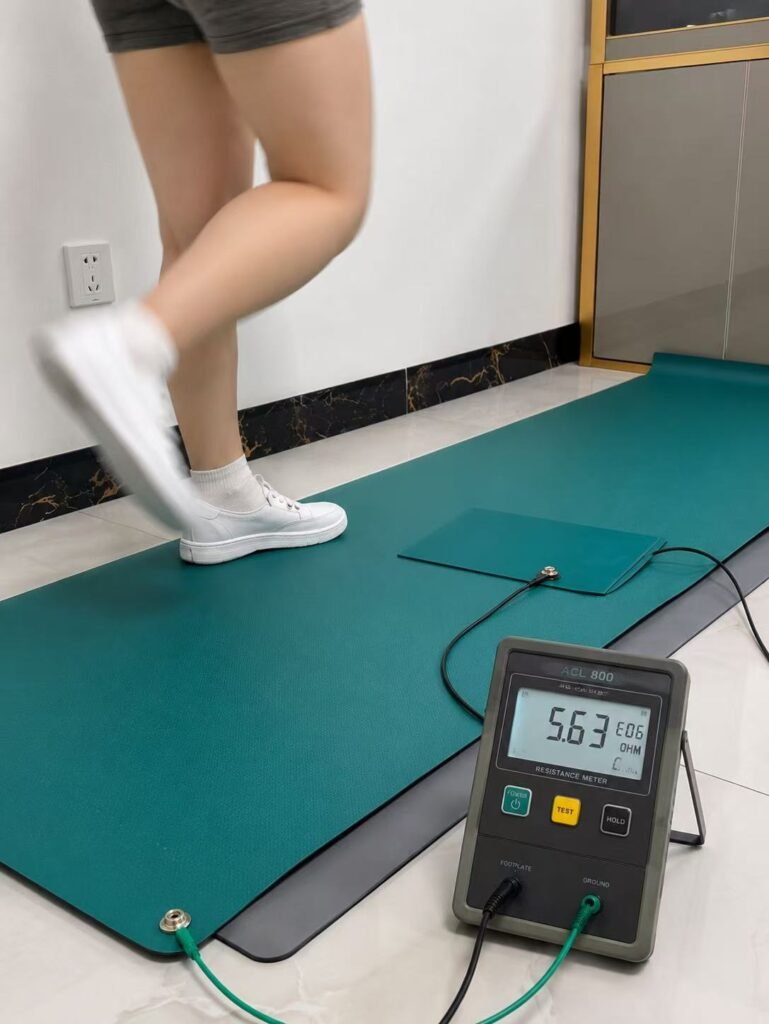 Person footwear flooring resistance test for ESD grounding verification