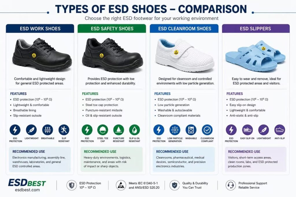 Comparison of ESD work shoes, safety shoes, cleanroom shoes and ESD slippers