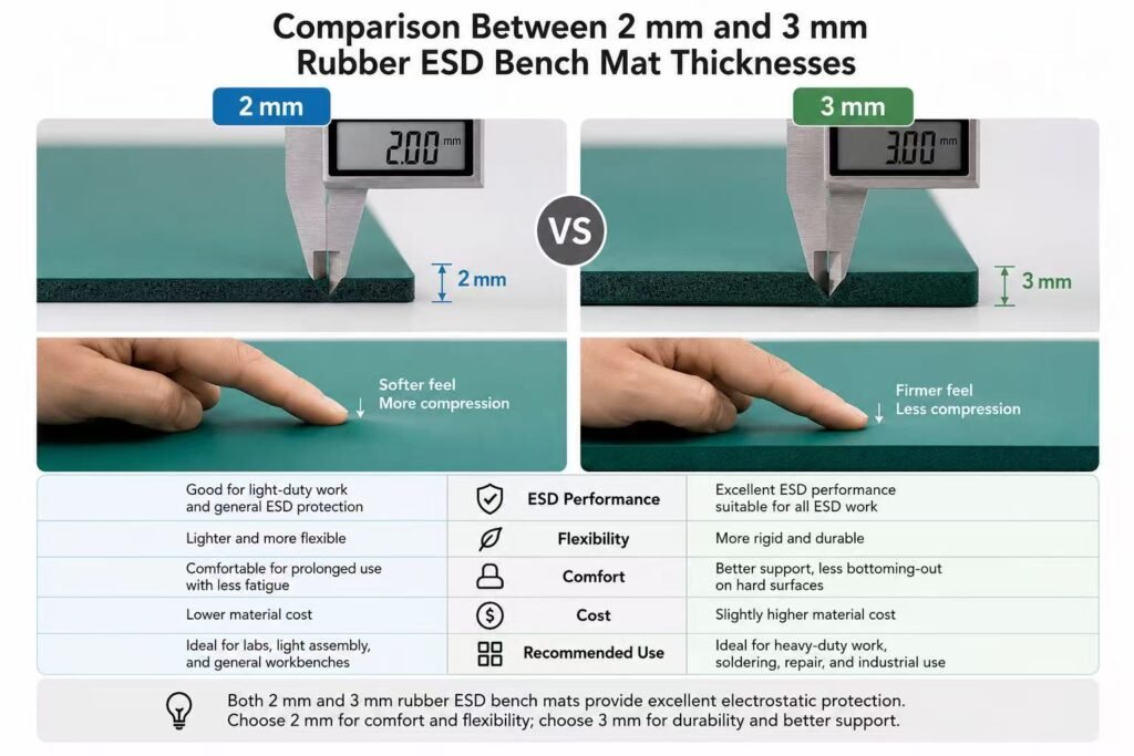 Comparison between 2 mm and 3 mm rubber ESD bench mat thicknesses