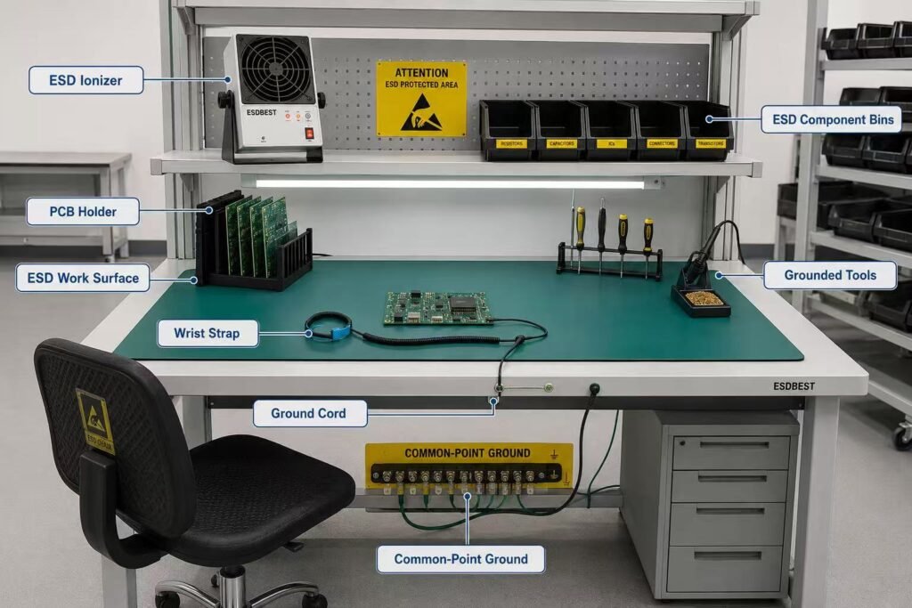 Complete ESD workstation with ionizer mat wrist strap grounding and storage
