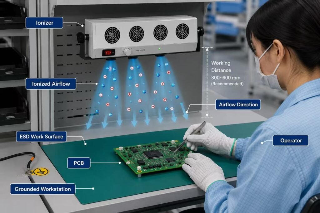 Recommended ESD ionizer installation position at an electronics workstation