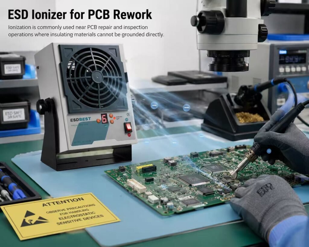 ESD ionizer used at a PCB repair and rework workstation