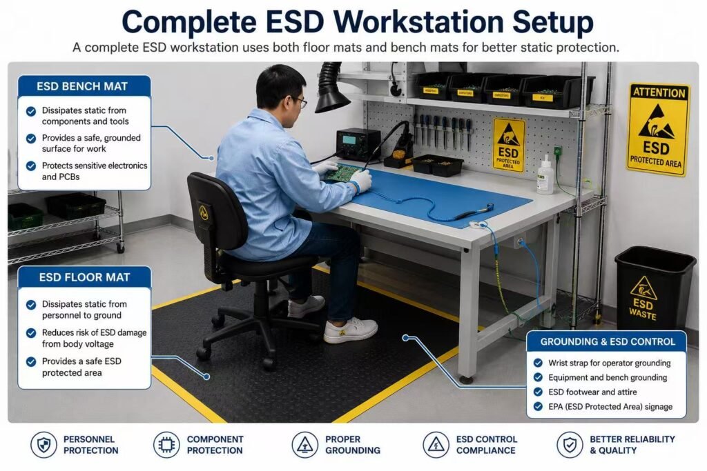 Complete ESD workstation including an ESD floor mat, ESD bench mat, wrist strap, and grounding system.