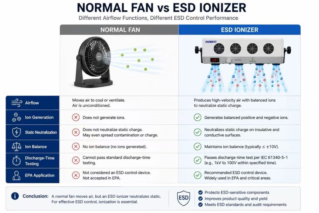 Comparison between a normal fan and an ESD ionizer for static control