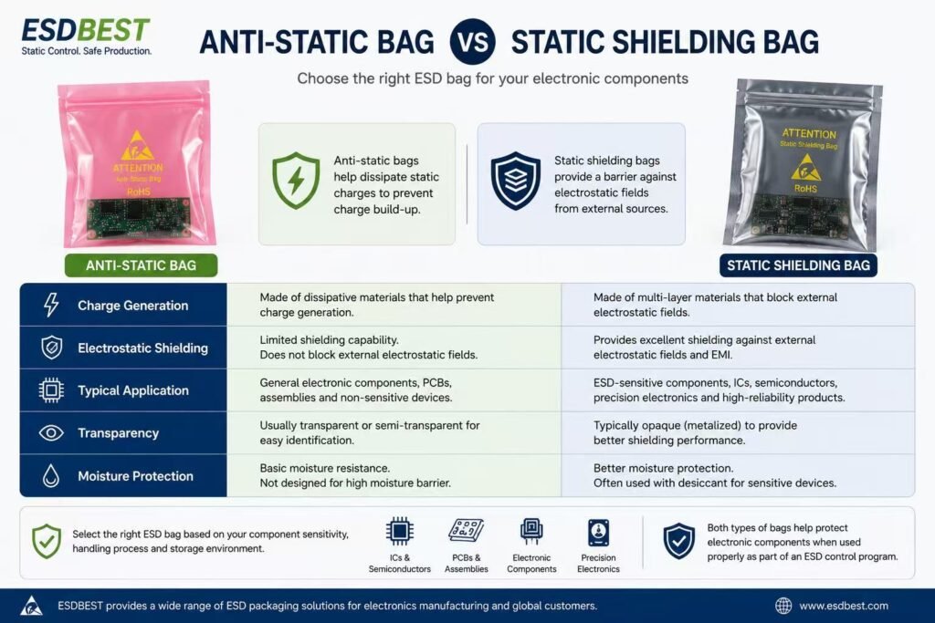 Anti-static bag versus static shielding bag comparison for electronic component packaging