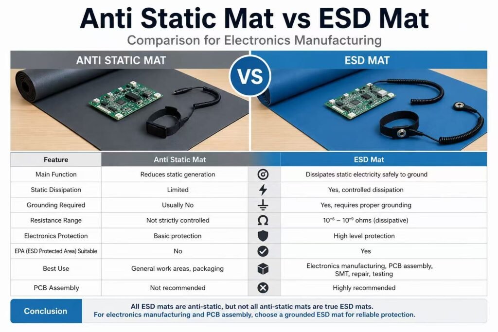 Anti static bench mat vs ESD bench mat comparison for electronics manufacturing
