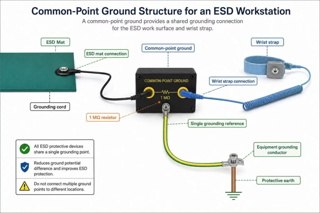 Common-point ground structure connecting an ESD workbench mat and wrist strap to a verified grounding reference