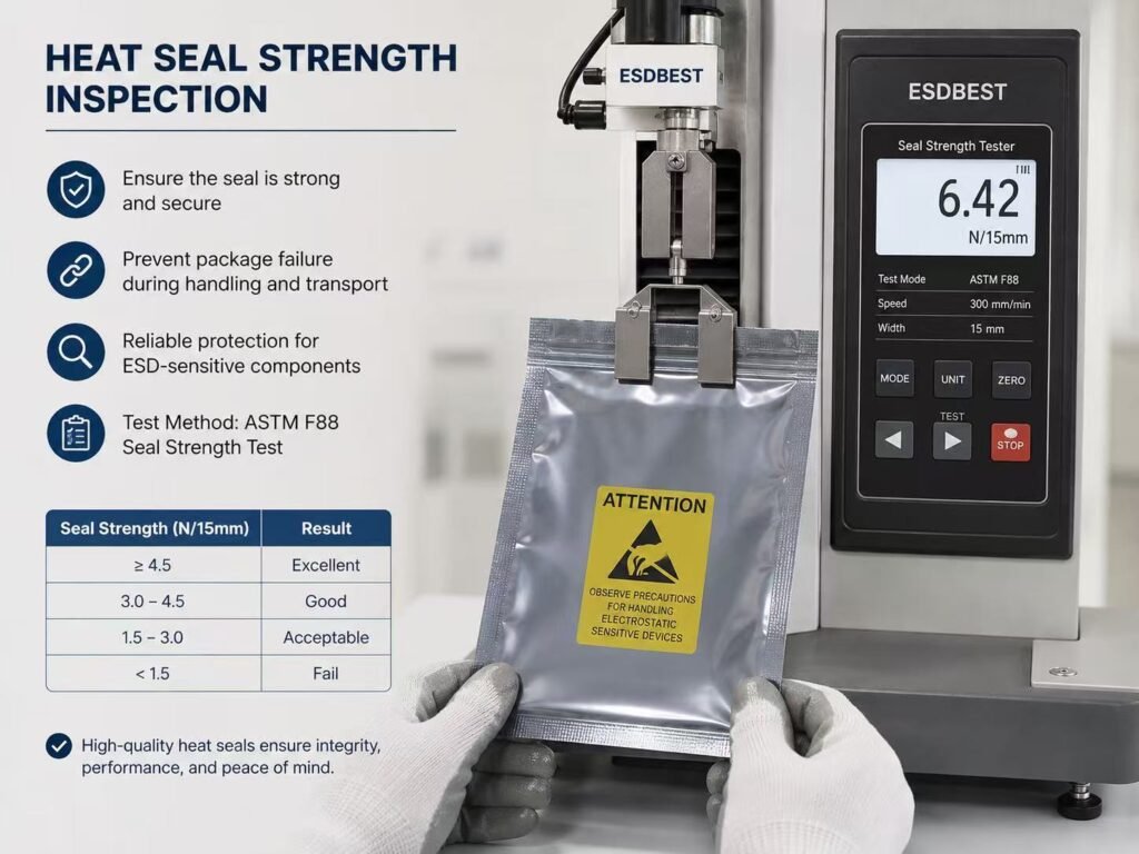 Custom ESD bag dimension drawing showing width, length, opening and seal position