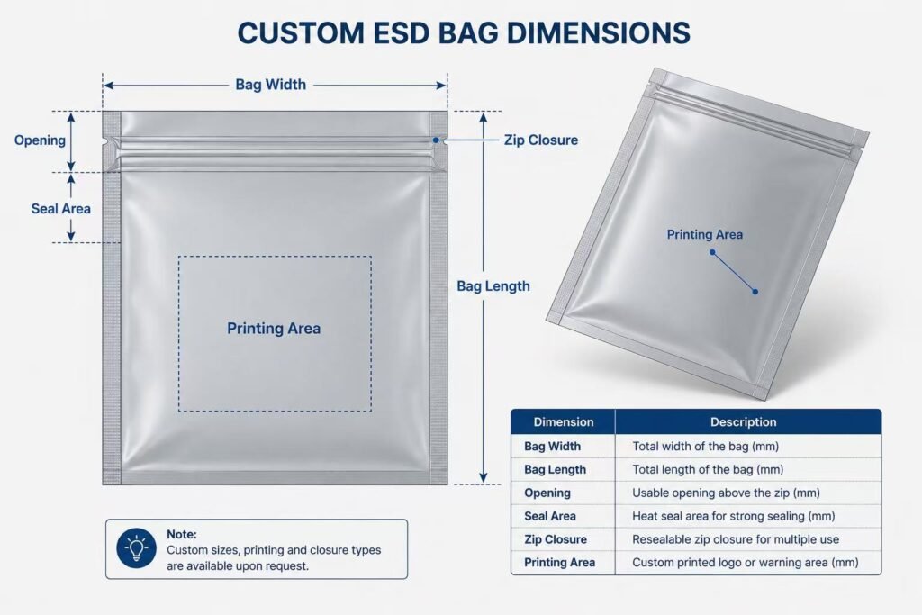 Custom printed ESD bags with warning symbols, product information and customer branding