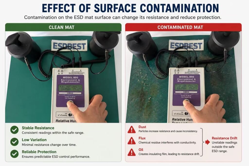Clean and contaminated ESD bench mat comparison showing resistance changes