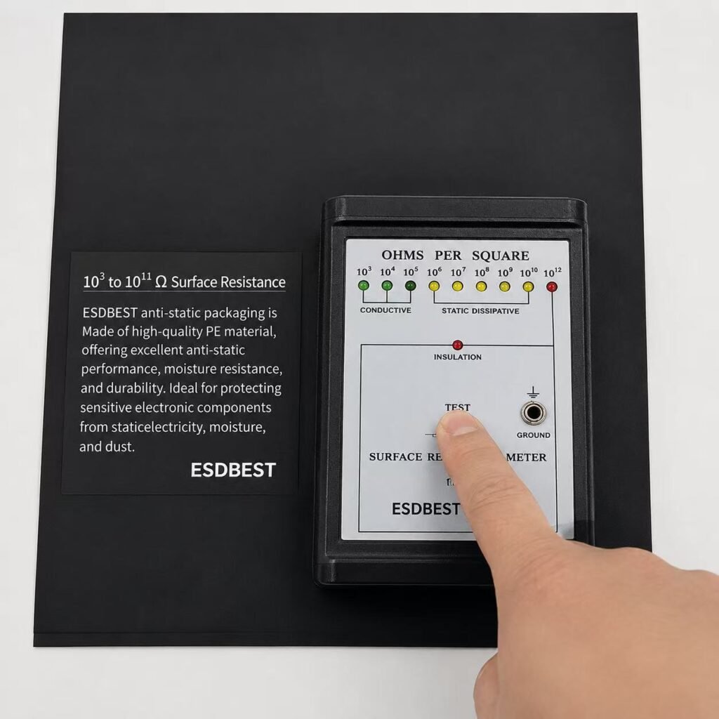 Surface resistance testing of an ESD packaging bag using a resistance meter