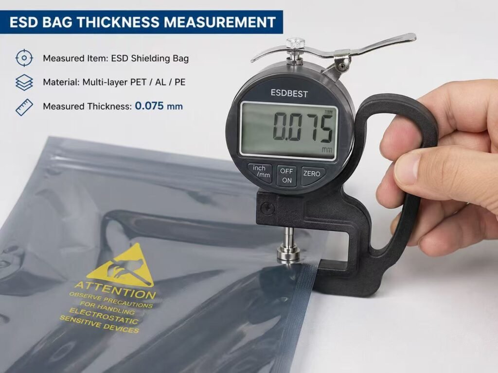 Thickness measurement of an ESD shielding bag using a digital thickness gauge