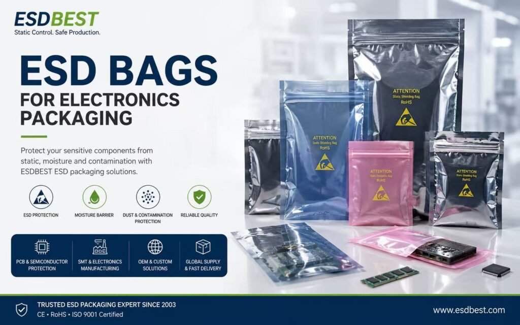 ESD bags for electronics packaging including shielding bags, anti-static bags and moisture barrier bags
