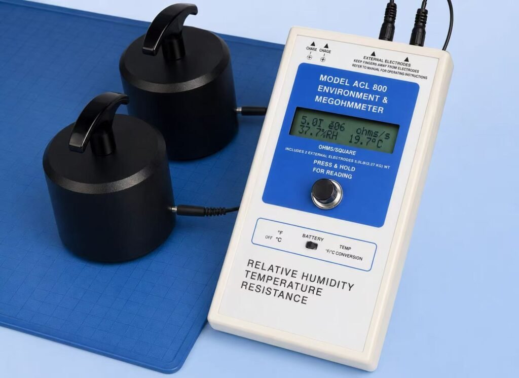 ACL800 surface resistance meter testing the electrical resistance of an ESD floor mat.