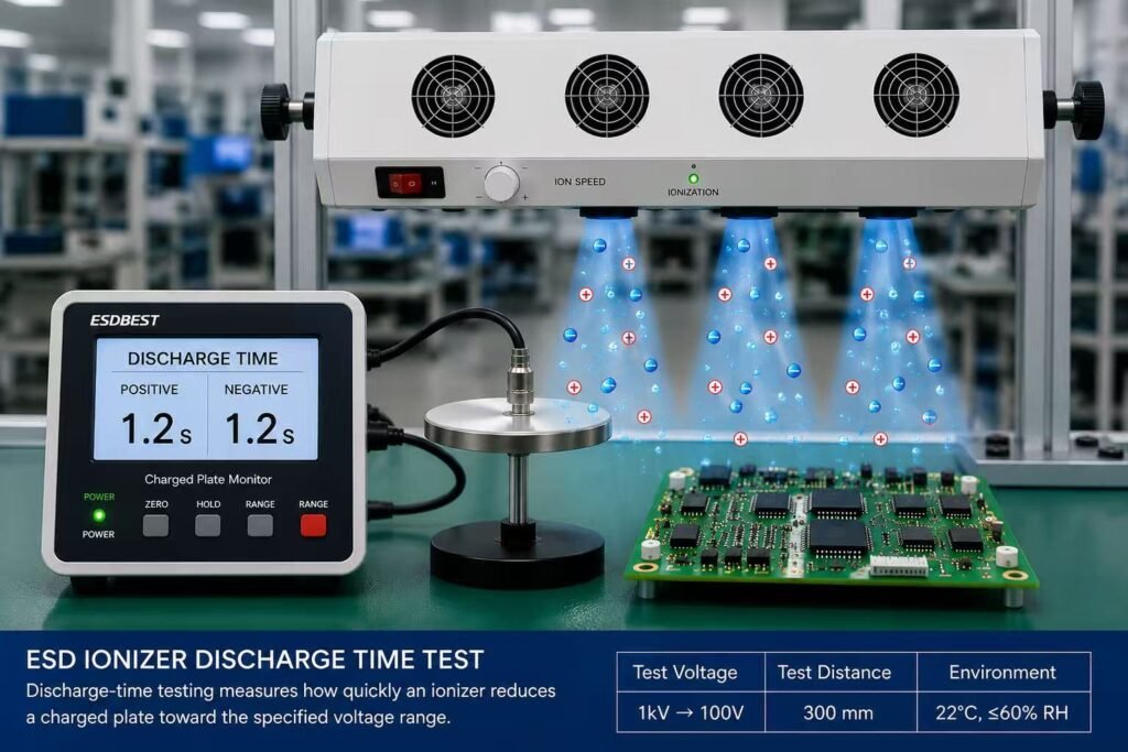 ESD ionizer discharge time test using a charged plate monitor