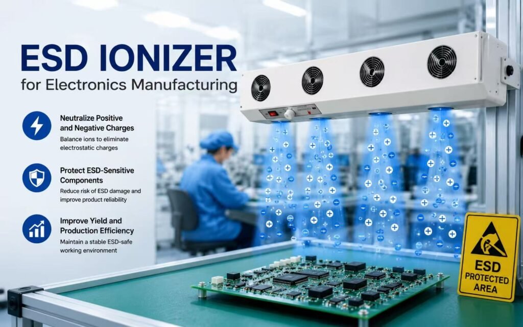 ESD ionizer for electronics manufacturing and static charge neutralization