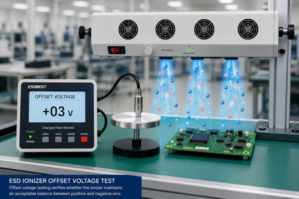 Offset voltage test of an ESD ionizer using a charged plate monitor