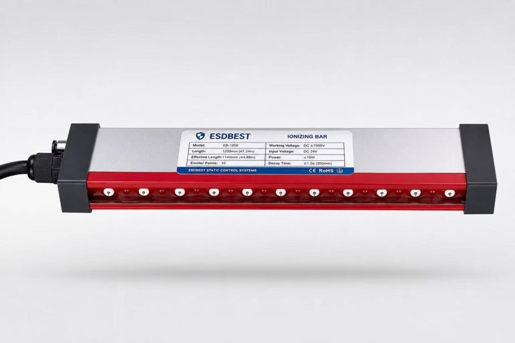 ESD ionizing bar installed on an automated electronics production line