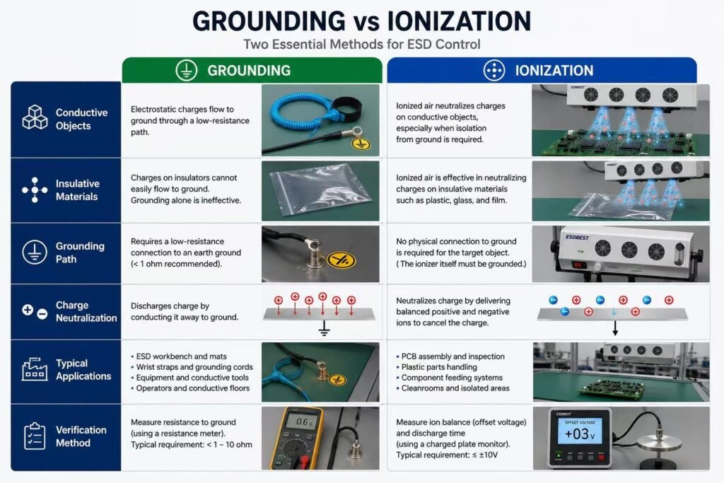 Comparison between grounding and ionization methods for ESD control