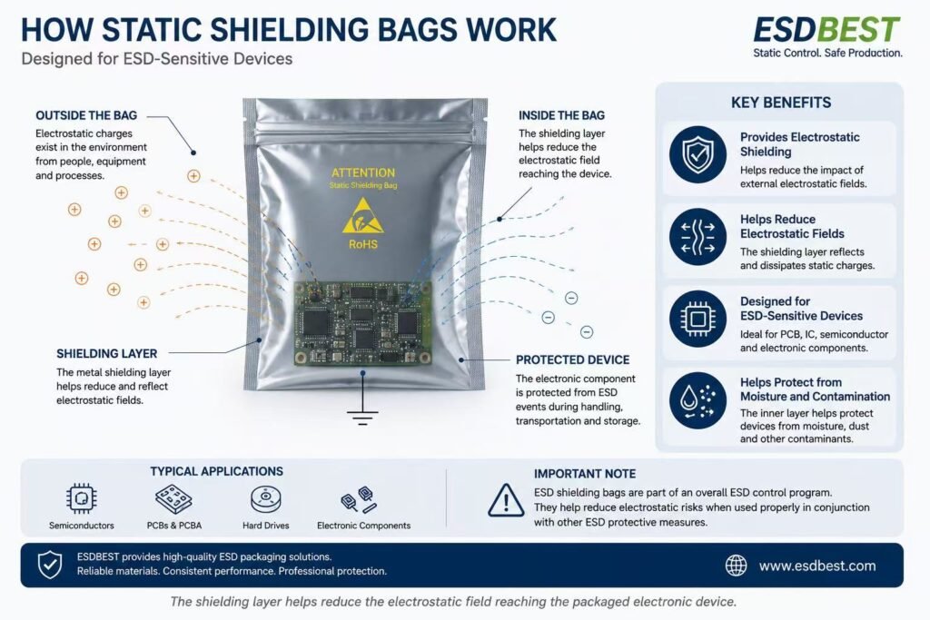 Diagram showing how a static shielding bag protects electronic components from electrostatic discharge