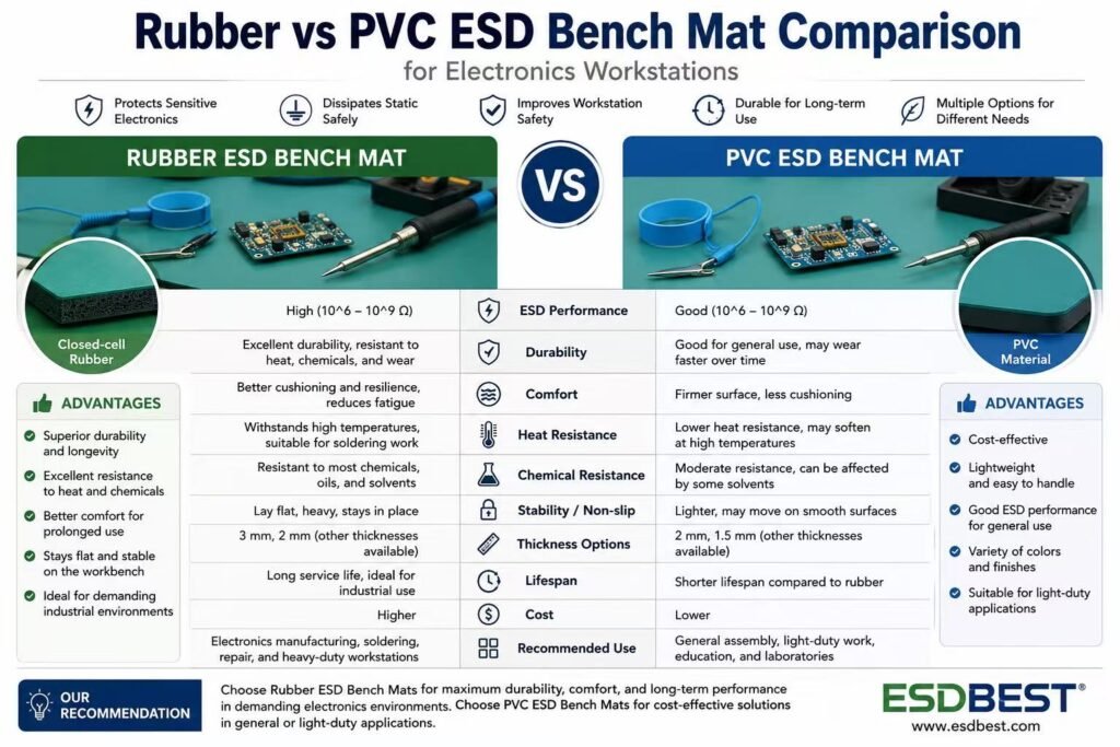 Rubber vs PVC ESD bench mat comparison for electronics workstations