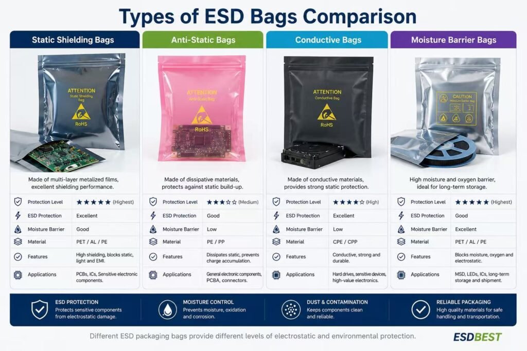 Comparison of static shielding bags, anti-static bags, conductive bags and moisture barrier bags