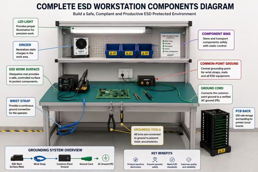 Diagram showing ESD workbench components including mat, grounding, wrist strap, ionizer and storage