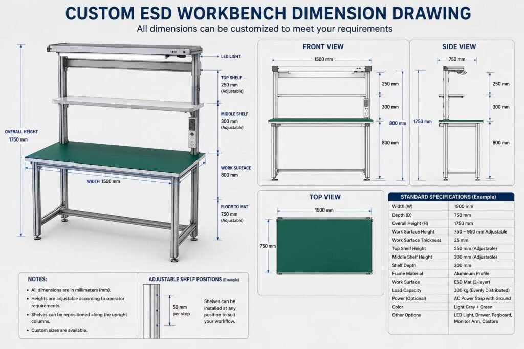 Custom ESD workbench dimension drawing with width, depth, height and shelf positions