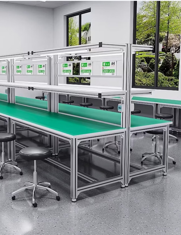 Custom ESD workbench with grounded mat, shelves and lighting for electronics assembly