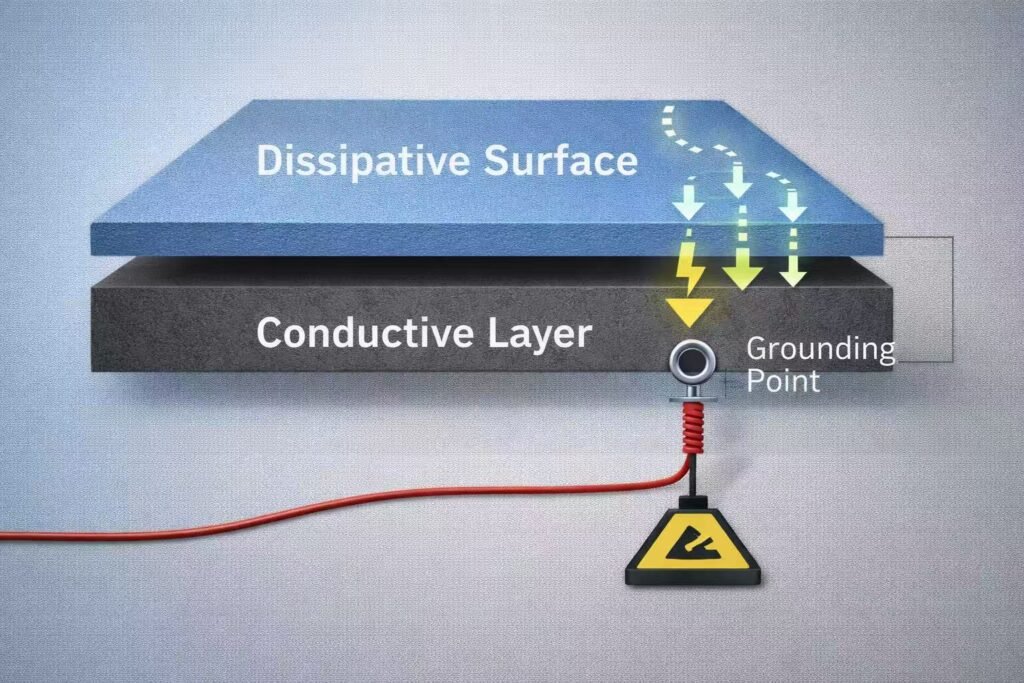esd mat layer structure conductive and dissipative surface diagram