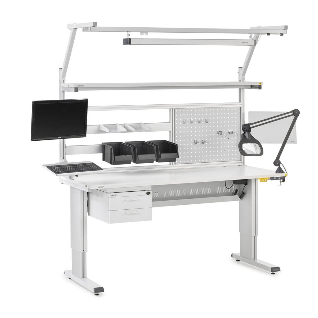 esd work benches with shelves drawers lights and storage accessories