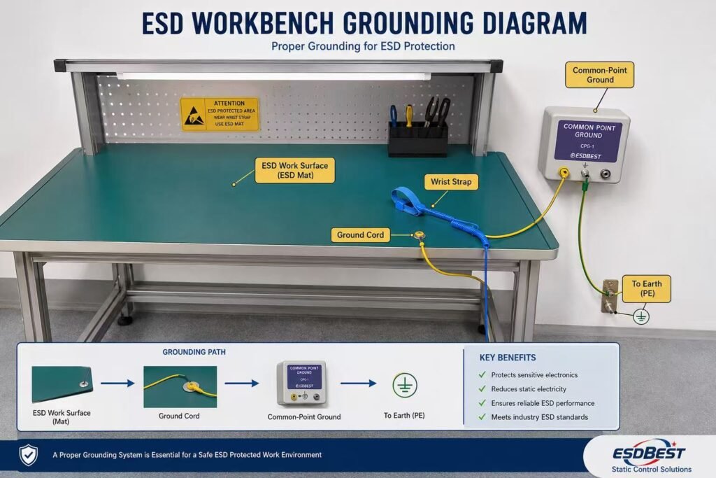 ESD workbench grounding diagram showing mat and wrist strap connected to common-point ground