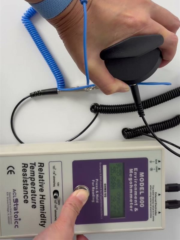 ACL Model 800 system resistance test of an ESD wrist strap reading 9.55 x 10^6 ohms
