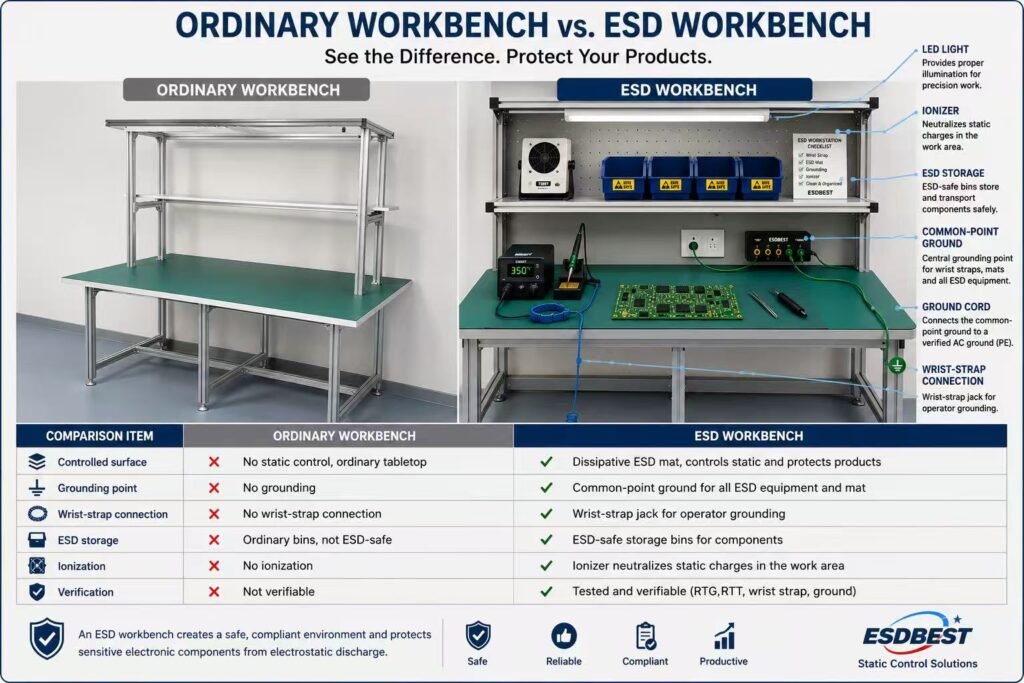 Comparison between an ordinary industrial table and a complete ESD workbench