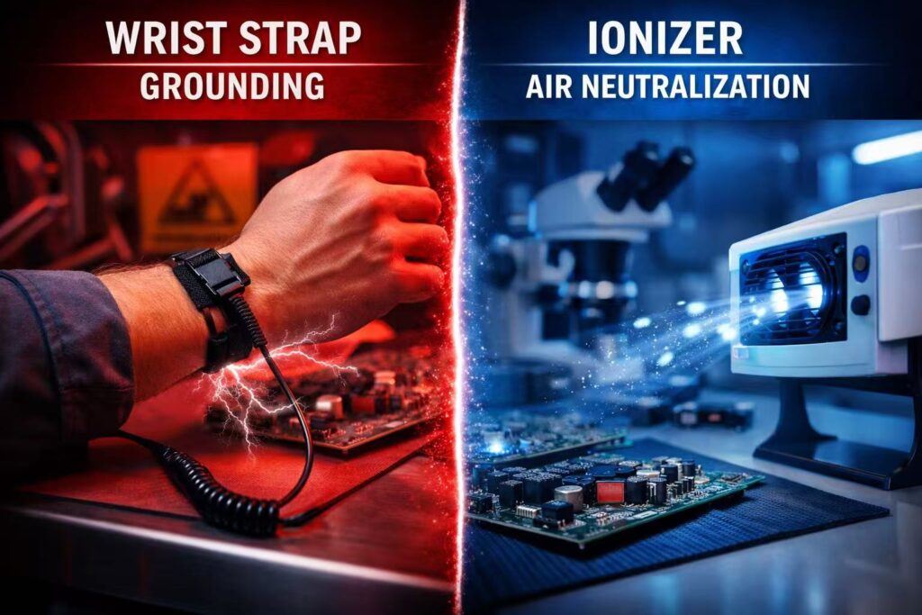 wrist strap vs ionizer esd protection comparison electronics workstation