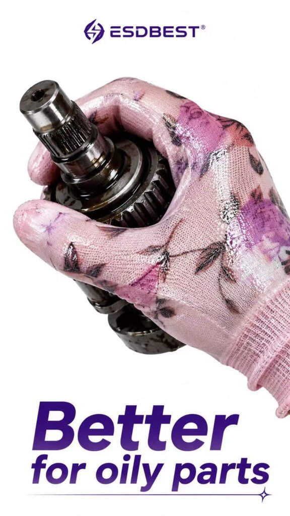 Nitrile ESD gloves for oily parts handling