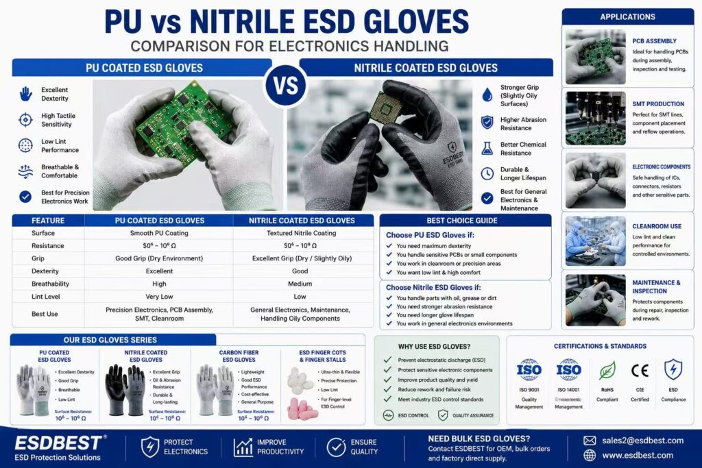 PU vs nitrile ESD gloves comparison for electronics handling