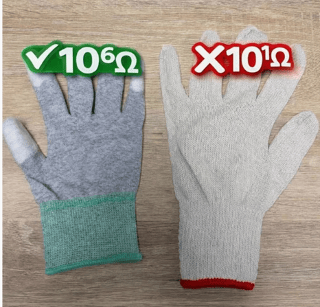 PU-coated and nitrile-coated ESD gloves tested for surface resistance to support static-safe handling in electronics manufacturing.
