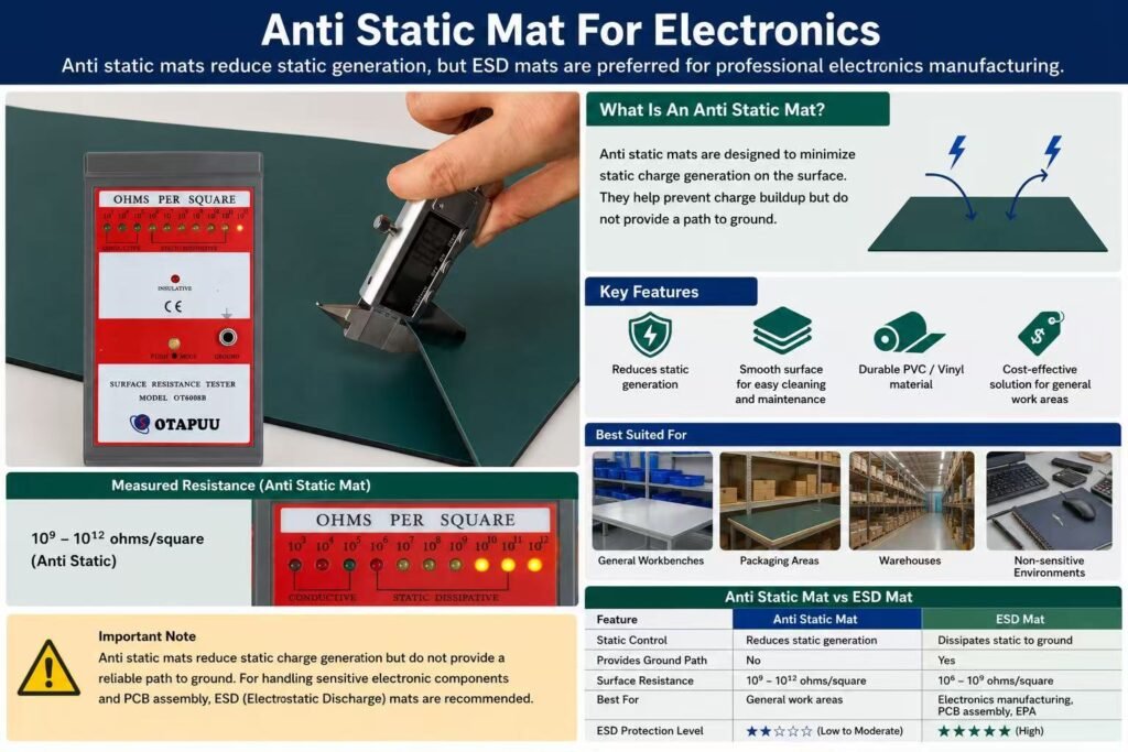 Anti static mat for electronics workstation and PCB assembly