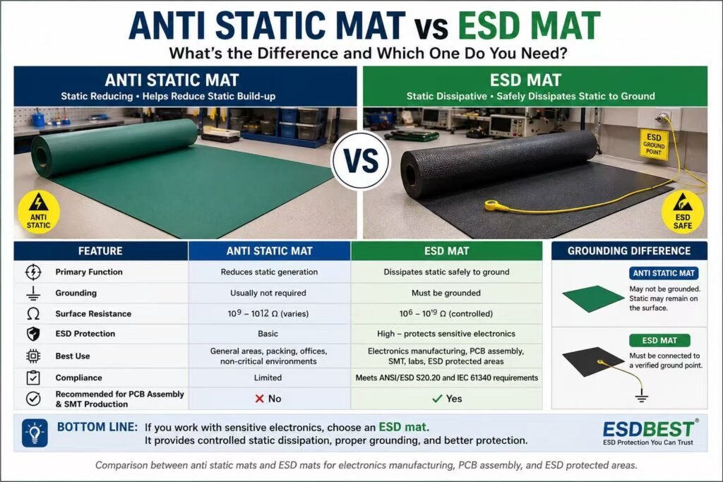 Anti static mat vs ESD mat comparison for electronics manufacturing