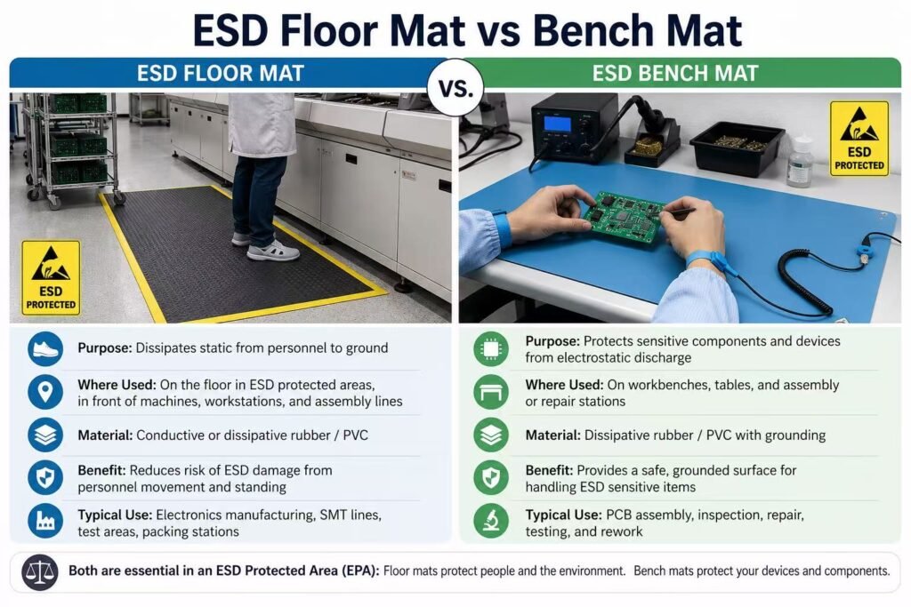 ESD floor mat vs bench mat comparison for electronics manufacturing