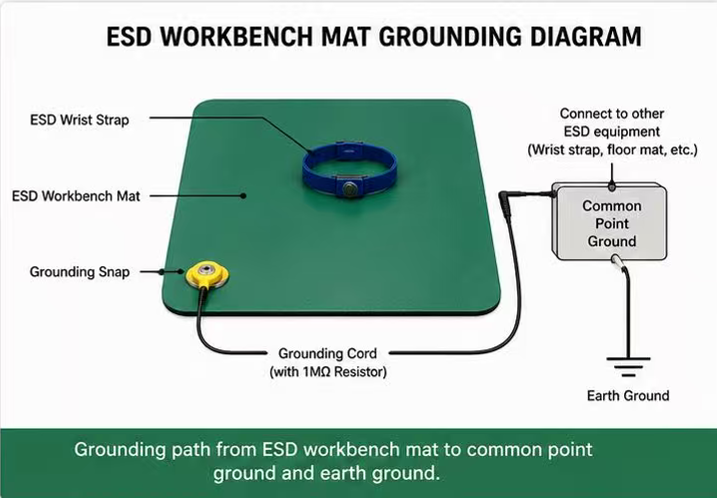 ESD workbench mat grounding path diagram