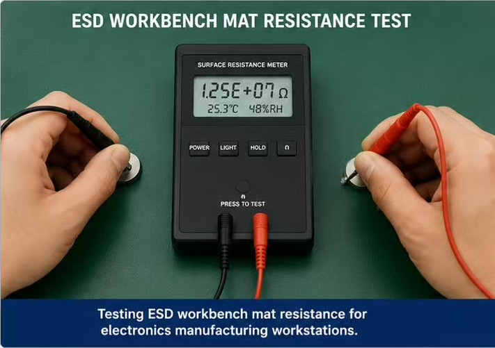 ESD workbench mat resistance test with surface resistance meter