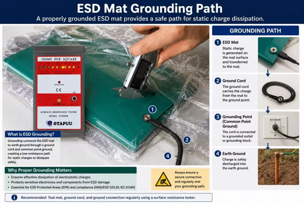 Grounded ESD mat on electronics workbench with grounding cord