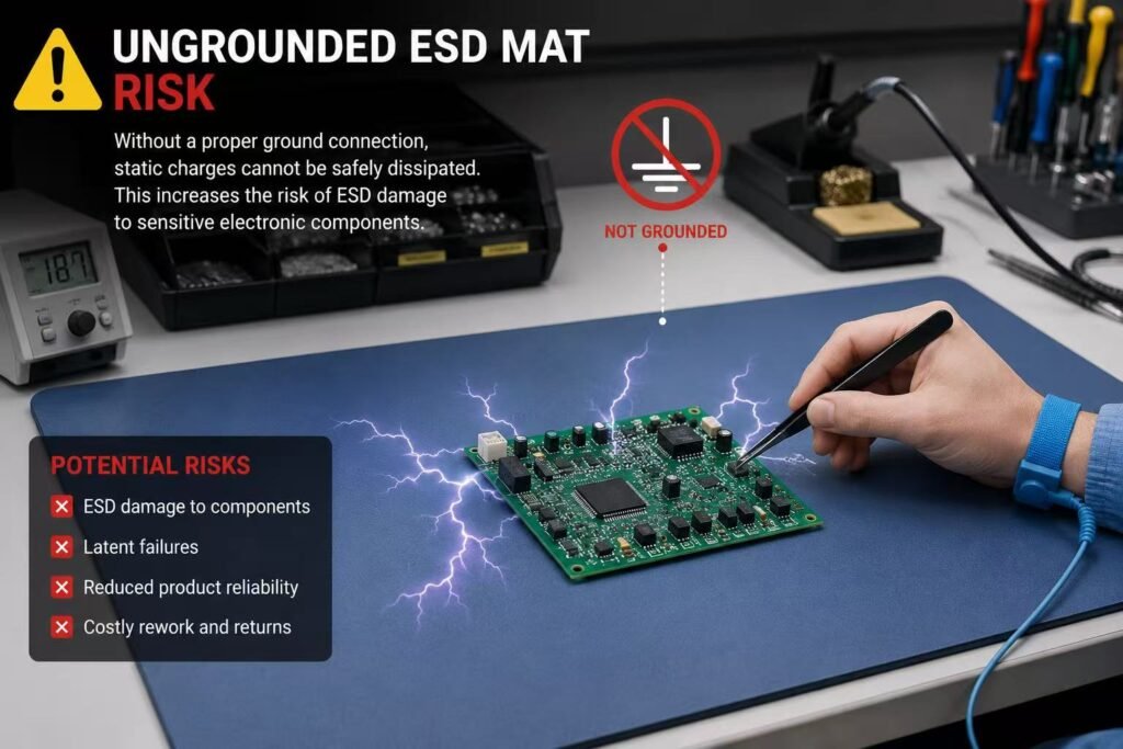 Ungrounded ESD mat risk for PCB assembly