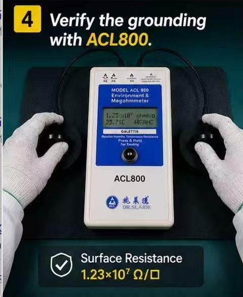 ACL 800 resistance meter testing a rubber anti static mat